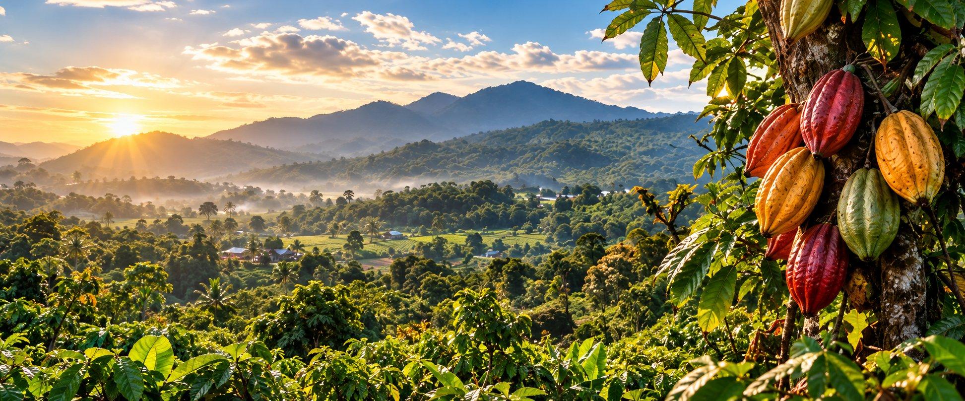 Ripe cocoa pods on a tree overlooking a forested valley at sunrise